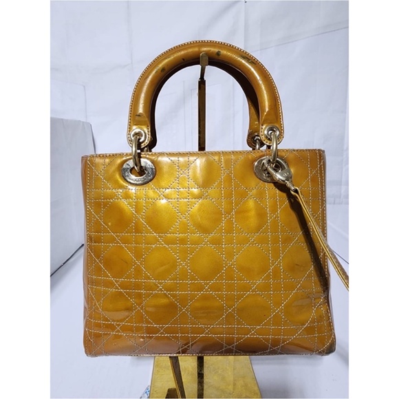 Authentic CHRISTIAN DIOR Patent Cannage Stitched Medium Lady Dior Tote Bag Gold - Picture 6 of 8